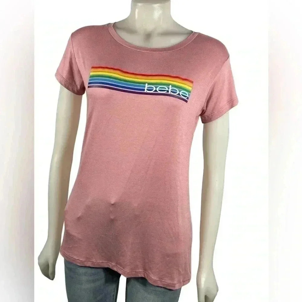 bebe Rainbow Mauve T Shirt  Size Large - Picture 2 of 6